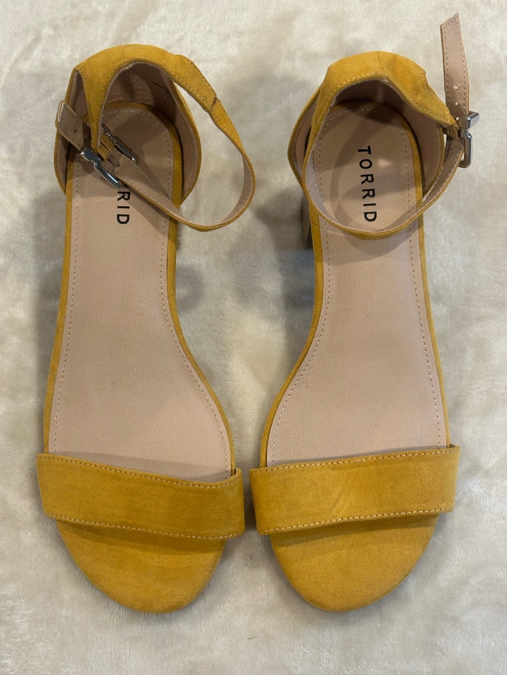 torrid Mustard Yellow Suede Ankle-Strap Sandals, small heel